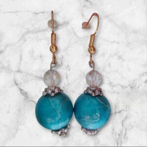 Turquoise Drawbench Glass Earrings, Silver Caps, Gold Wire, 2.75 in Handmade